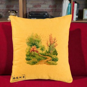 Perna Decorativa Gradina Primavara Acuarela, 40x40 cm, Galben, Husa Detasabila, Perna Inclusa, BEKZ®