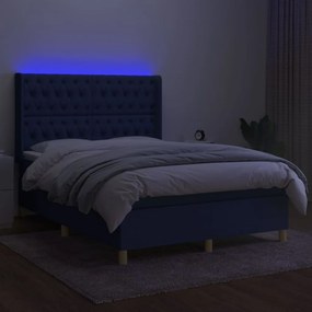 Pat cu arcuri, saltea si LED, albastru, 140x190 cm, textil Albastru, 140 x 190 cm, Design cu nasturi
