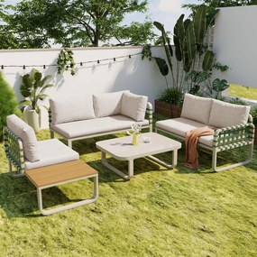 Set de mobilier de grădină Lounge 4-5 locuri, Set de mobilier de grădină din piele verde și ratan cu masă din sticlă securizată, Culoare caise