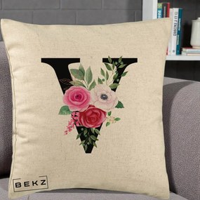 Cadou Personalizat - Perna Personalizata Monograma Florala Litera V cu Buchet, 40x40 cm, Bej, Husa Detasabila, Perna Inclusa, BEKZ®
