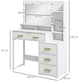 HOMCOM Masă de Machiaj Albă cu Oglindă, 4 Sertare și 6 Rafturi Deschise 100x40x138 cm | Aosom Romania