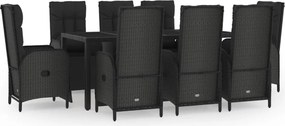 vidaXL Set mobilier de grădină cu perne, 9 piese, negru, poliratan