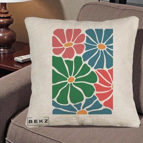 Perna Decorativa Flori Grafice Verde-Roz-Albastru, 40x40 cm, Bej Canapea, Husa Detasabila, Perna Inclusa, BEKZ®