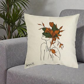 Perna Decorativa Portret Feminin Crin Auriu, 40x40 cm, Ecru, Husa Detasabila, Perna Inclusa, BEKZ®