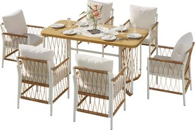 Set modern de mobilier de grădină, 7 piese, cadru alb din fier cu cotiere împletite, 1 masă+6 scaune, Bej+Culoare naturală