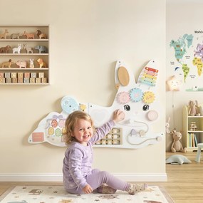 AIYAPLAY Busy Board Montessori de Perete din Lemn pentru Copii 1,5-6 Ani, Tematică Iepuraș de Paște, Alb | Aosom Romania