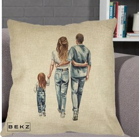 Cadou pentru Familie - Perna Personalizata Familie Acuarela Jeans, 40x40 cm, Crem, Husa Detasabila, Perna Inclusa, BEKZ®