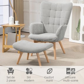 HOMCOM Fotoliu Modern cu Taburet din Catifea și Spătar Înalt Gri | Aosom Romania