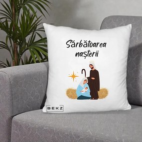 Perna Decorativa Nasterea Domnului Sfanta Familie Sarbatoarea Nasterii, 40x40 cm, Alb Pufos, Husa Detasabila, Perna Inclusa, BEKZ®