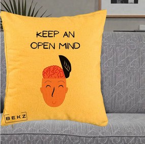 Perna Decorativa Keep An Open Mind, 40x40 cm, Galben, Husa Detasabila, Perna Inclusa, BEKZ®