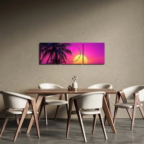 Tablou - Apus violet cu palmier (cu ceas) (90x30 cm)
