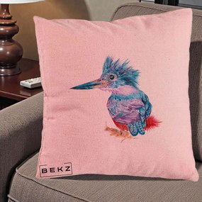 Perna Decorativa Pasare Martin Pescar Acuarela Albastru-Mov, 40x40 cm, Roz, Husa Detasabila, Perna Inclusa, BEKZ®