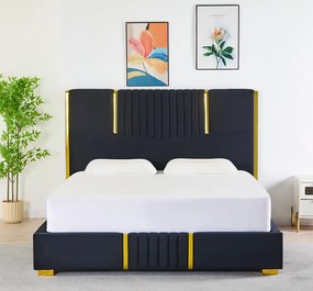 Pat Tapitat din Catifea Negru cu Somiera si Saltea , 160x200 cm, Cod LB-215