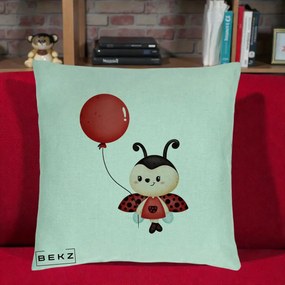 Perna Decorativa Buburuza cu Balon Rosu, 40x40 cm, Verde Menta, Husa Detasabila, Perna Inclusa, BEKZ®
