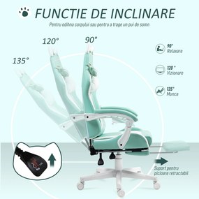 Scaun de Gaming Reclinabil HOMCOM cu Suport pentru Picioare și Perne, din Piele Artificială și Spumă, 65x62x116-124 cm, Albastru și Alb | Aosom Romania