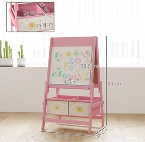 AIYAPLAY Tablă de desen pentru copii 3 în 1 cu rolă de hârtie și 2 coșuri Roz | Aosom Romania