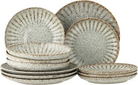 Set 12 piese din ceramică artizanală în nuanțe de verde perlat cu striații și accente rustice, „Fleur"