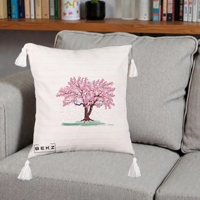 Perna Decorativa Cires Inflorit Acuarela, 40x40 cm, Bej cu Franjuri, Husa Detasabila, Perna Inclusa, BEKZ®