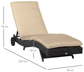 Outsunny Șezlong de Grădină din Ratan PE Negru cu Spătar Reglabil și Pernă Captușită pentru Relaxare Optimală 207x70x70cm | Aosom Romania