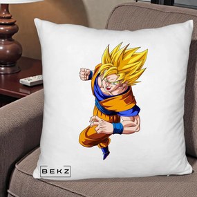 Perna Personalizata Dragon Ball Goku Super Saiyan 2 Lupta, 40x40 cm, Alb Pufos, Husa Detasabila, Perna Inclusa, BEKZ®