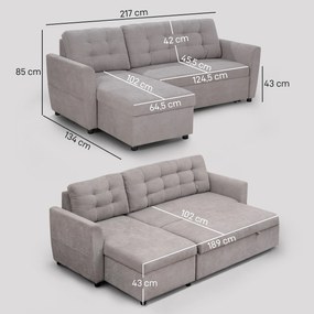 Canapea Extensibila pe Colt cu 3 Locuri si Compartiment de Depozitare, Tapiterie Efect In, Spatar cu perne 217x134x85cm, Gri HOMCOM | Aosom Romania