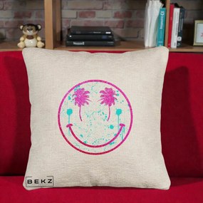 Perna Decorativa Smiley Face Tropical Glitter Roz, 40x40 cm, Bej Canapea, Husa Detasabila, Perna Inclusa, BEKZ®