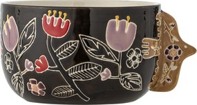Set 4 boluri din ceramică artizanală, multicolor, pictate manual cu motive florale, cu toarte sculptate în formă de pasăre, 13x8 cm, „Vivielle"