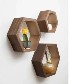 Set 3 rafturi perete Hexa Homs lemn natur