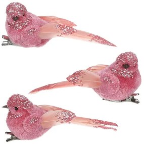 Decorațiune păsări cu clemă, roz, 10 x 4 x 4 cm, set 3 bc.