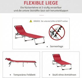 Outsunny șezlong pliabil de grădină cu pernă pentru cap, șezlong cu spătar reglabil în 4 trepte, pat de camping, suport până la 120 kg, pentru exterior/park/grădină, roșu | Aosom Romania