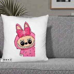 Perna Personalizata Labubu Roz cu Funda, 40x40 cm, Alb Pufos, Husa Detasabila, Perna Inclusa, BEKZ®