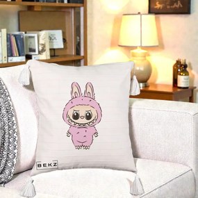 Perna Personalizata Labubu Mov Pastel, 40x40 cm, Bej cu Franjuri, Husa Detasabila, Perna Inclusa, BEKZ®