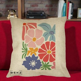 Perna Decorativa Flori Grafice Roz-Rosu-Albastru, 40x40 cm, Crem, Husa Detasabila, Perna Inclusa, BEKZ®