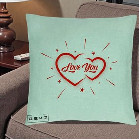 Cadou Romantic - Perna Personalizata Love You Doua Inimi, 40x40 cm, Verde Menta, Husa Detasabila, Perna Inclusa, BEKZ®