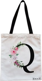 Sacosa de Panza pentru Cumparaturi, Geanta Tote, Cu litera Q si Trandafiri, Cu fermoar, 38x34.5 cm, Alba, BEKZ®