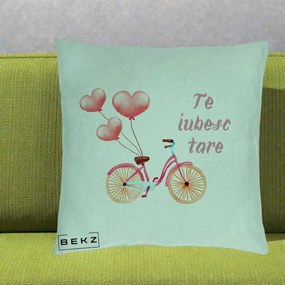 Perna Decorativa Te Iubesc Tare cu Bicicleta Roz si Baloane Inima, 40x40 cm, Verde Menta, Husa Detasabila, Perna Inclusa, BEKZ®
