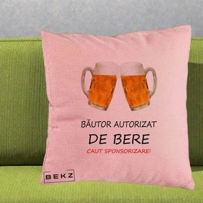 Perna Decorativa Bautor Autorizat de Bere, 40x40 cm, Roz, Husa Detasabila, Perna Inclusa, BEKZ®