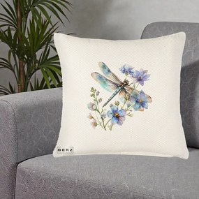 Perna Decorativa Libelula Acuarela Flori Albastre, 40x40 cm, Crem Reliefat, Husa Detasabila, Perna Inclusa, BEKZ®