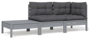 vidaXL Set mobilier de grădină cu perne, 3 piese, gri, lemn masiv pin