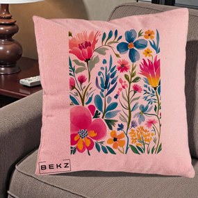 Perna Decorativa Gradina Florala Acuarela Colorata, 40x40 cm, Roz, Husa Detasabila, Perna Inclusa, BEKZ®
