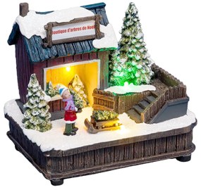 Sat de Crăciun, scenă de Crăciun cu un magazin de pomi de Crăciun