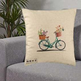 Perna Decorativa Bicicleta Florala Turcoaz Acuarela, 40x40 cm, Bej, Husa Detasabila, Perna Inclusa, BEKZ®