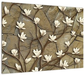 Tablou pe sticlă - Magnolii albe pe zidărie de piatră (70x50 cm)