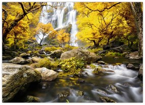 Tablou pe sticlă - Cascade în peisaj de toamnă, galben (70x50 cm)
