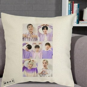 Perna Personalizata K-pop BTS Colaj 7 Portrete cu Inimi Lila, 40x40 cm, Ecru, Husa Detasabila, Perna Inclusa, BEKZ®