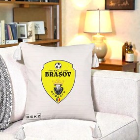 Perna Personalizata FC Brasov Fotbal Romania, 40x40 cm, Bej cu Franjuri, Husa Detasabila, Perna Inclusa, BEKZ®
