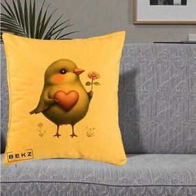 Perna Decorativa Pasare Verde cu Inima si Floare, 40x40 cm, Galben, Husa Detasabila, Perna Inclusa, BEKZ®