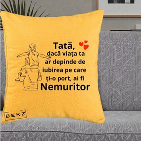 Cadou pentru Tata - Perna Personalizata Tata Supererou Nemuritor, 40x40 cm, Galben, Husa Detasabila, Perna Inclusa, BEKZ®