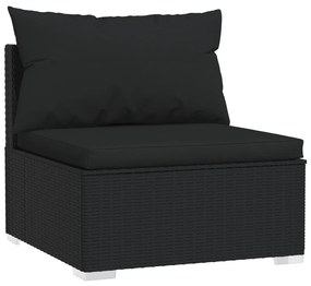 Canapea cu 3 locuri, cu perne, negru, poliratan 1, Negru, 2x colt + mijloc, 1