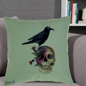 Perna Decorativa Craniu cu Corb si Flori Gothic, 40x40 cm, Verde, Husa Detasabila, Perna Inclusa, BEKZ®